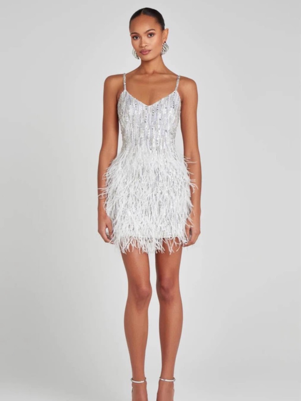 NWT NADINE MERABI Christy Silver Sequin & Feather Mini Dress - Picture 2 of 16